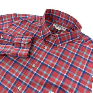 Mizzen Main Men's Large Trim No Tuck Dress Shirt Red Plaid Performance Stretch
